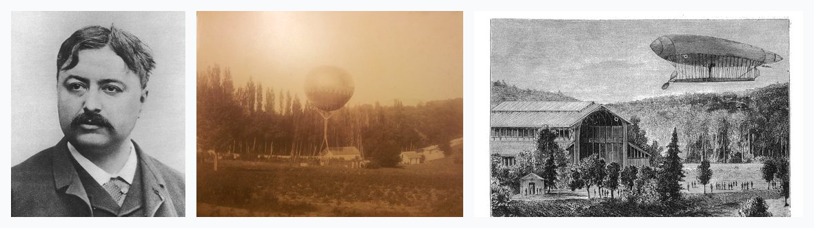 Three period images: a portrait photograph of Charles Renard around 1884; a photograph of a captive observation balloon tethered on its cable at Chalais-Meudon in 1878; and an 1884 engraving of the airship La France flying above the military aeronautical works at Chalais-Meudon